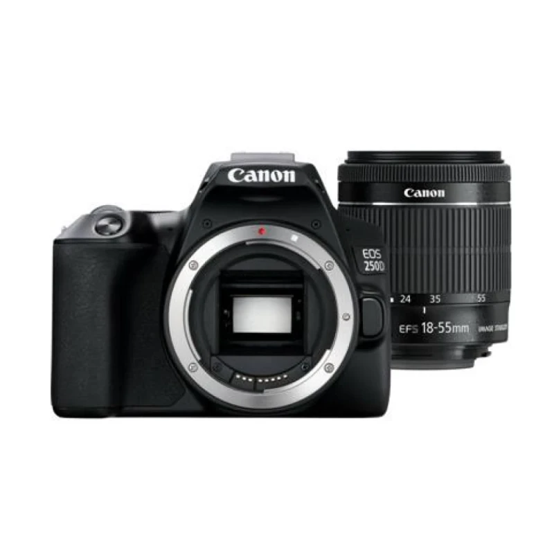 كاميرا كانون EOS 250D DSLR سوداء اللون مع عدسة EF-S 18-55mm f/4-5.6 IS STM - مستشعر APS-C بدقة 24.1 ميجابكسل، تسجيل فيديو بدقة 4K، ضبط تلقائي للصورة ثنائي البكسل، واي فاي وبلوتوث، شاشة لمس متغيرة الزاوية، تصميم خفيف الوزن - كانون