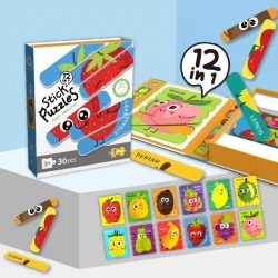 Fruit Stick Puzzles, consisting of 36 sturdy wooden or cardboard sticks, is a fun educational toy that develops children's creativity, concentration, and manual skills in a safe and interactive way