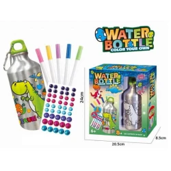 product is an art kit for children to decorate their own water bottle with dinosaur designs.