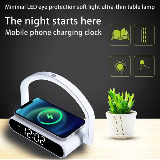 This product is the Junwei Star LED Clock, a multifunctional digital alarm clock that also offers wireless charging for smartphones