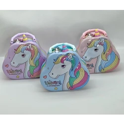 A unicorn-shaped piggy bank with a lock, used for storing coins and bills, suitable as a decoration for children's rooms or as a gift.