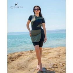 لباس سباحة بوركيني هيكتور لايت باللون الزيتي والأسود للنساء للحماية من أشعة الشمس وتغطية خفيفة مريحة للجسم سترة سباحة محتشمة مع تنورة وشورت قماش سريع الجفاف وعالي المرونة والجودة للبحار والمسابح