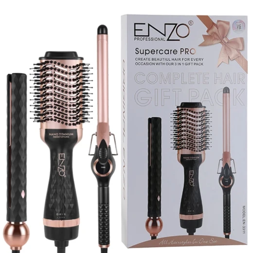 مجموعة ENZO Supercare PRO الكاملة لتصفيف الشعر، طقم تصفيف 3 قطع بتقنية Nano Titanium، فرشاة تصفيف دائرية وأداة لتجعيد وتصفيف الشعر، موديل EN-3311 مجموعة ENZO Supercare PRO الكاملة لتصفيف الشعر، طقم تصفيف 3 قطع بتقنية Nano Titanium، فرشاة تصفيف دائرية وأداة لتجعيد وتصفيف الشعر، موديل EN-3311