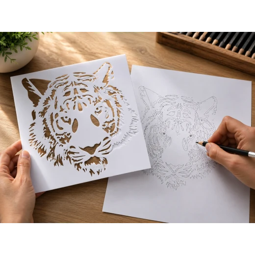Tiger Drawing Stencil Template 16 x 16 cm – Reusable Animal Art Stencil for Sketching, Coloring, Crafts, School Activities and Creative Projects