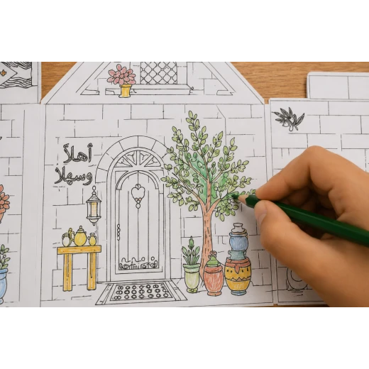 قرية حارتي – طقم قرية DIY إبداعي للأطفال للتلوين والطي، مستوحى من الثقافة الأردنية والعَمّانية وأجواء الربيع، مصنوع من كرتون 320 GSM، يحتوي على 6 قطع، أقصى ارتفاع 21 سم وعرض 40 سم، نشاط تعليمي ممتع لتنمية الإبداع والمهارات اليدوية - Image 3