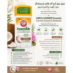 ARM & HAMMER Essentials Coconut Geranium Deodorant for Women and Men, All-Day Odor Protection with Natural Deodorizers and Baking Soda, Aluminum, Paraben and Phthalate Free, 2.5 oz (71 g)