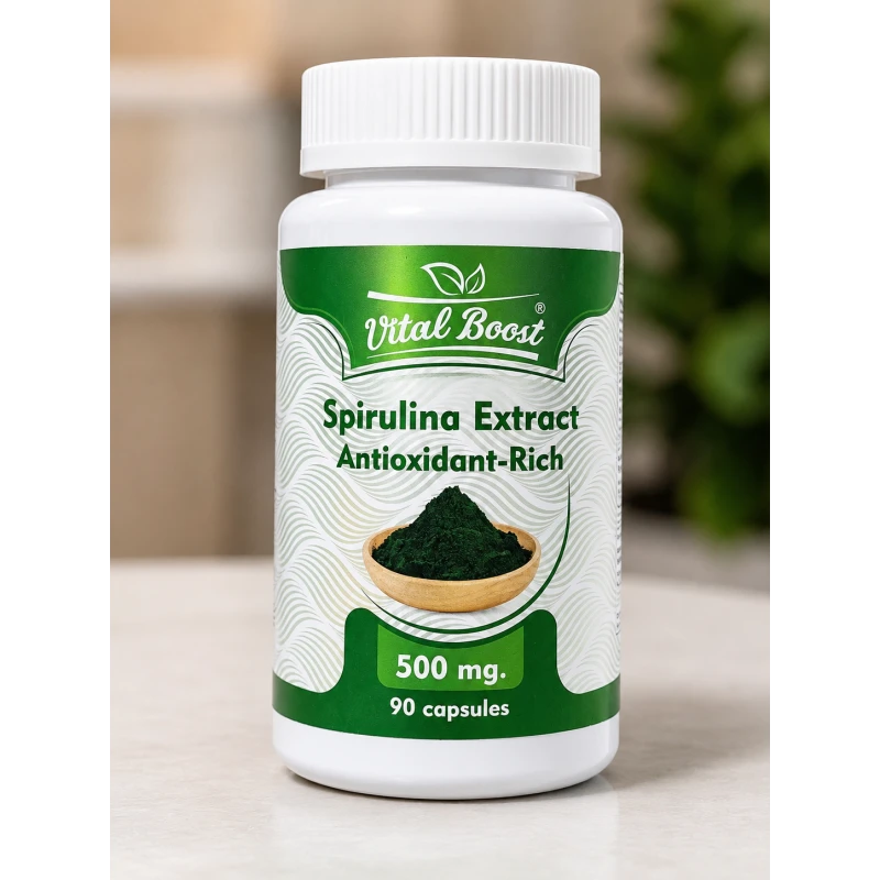 Vital Boost Spirulina 500 mg سبيرولينا 500 مجم مكمل غذائي طبيعي غني بالبروتين والفيتامينات والمعادن ومضادات الأكسدة يدعم الطاقة والمناعة والصحة العامة مناسب للاستخدام اليومي - فيتال بوست