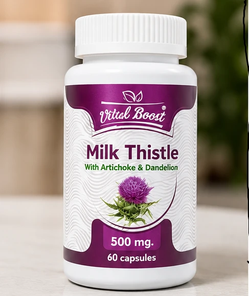 Vital Boost Milk Thistle with Artichoke and Dandelion, 500 mg Herbal Formula, 60 Capsules with Standardized Silymarin and Concentrated Botanical Extracts for Liver Support and Daily Adult Wellness Support - Vital boost