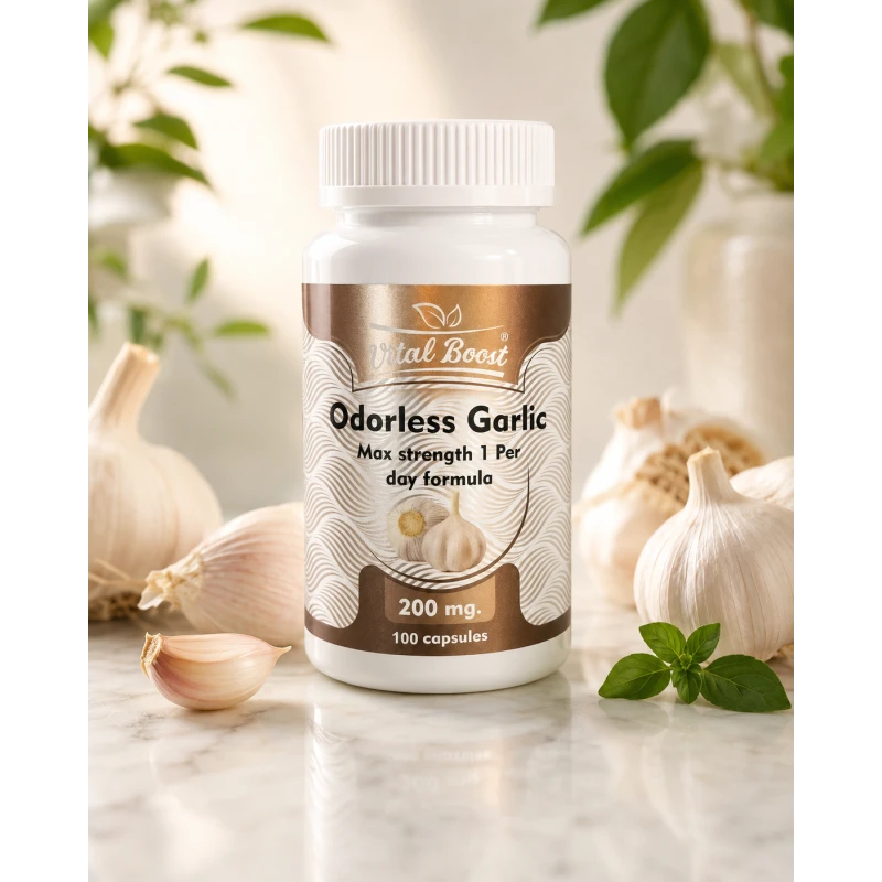 Vital Boost Odorless Garlic 200 mg 100 كبسولة ثوم عديم الرائحة مكمل غذائي يدعم صحة القلب والدورة الدموية والمناعة غني بالمركبات الطبيعية مناسب للاستخدام اليومي - فيتال بوست