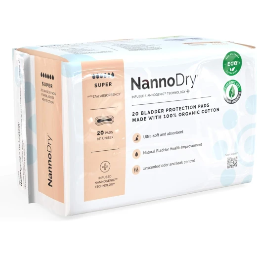 فوط سلس البول من القطن العضوي NannoDry - مقاس كبير جدًا 16 بوصة للبالغين - حماية من تسرب المثانة فوط سلس البول من القطن العضوي NannoDry - مقاس كبير جدًا 16 بوصة للبالغين - حماية من تسرب المثانة