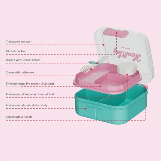 Healthy Lunch Box with Compartments & Fork – Leakproof School Food Container with Transparent Lid & Safety Lock - Amigo - Image 2