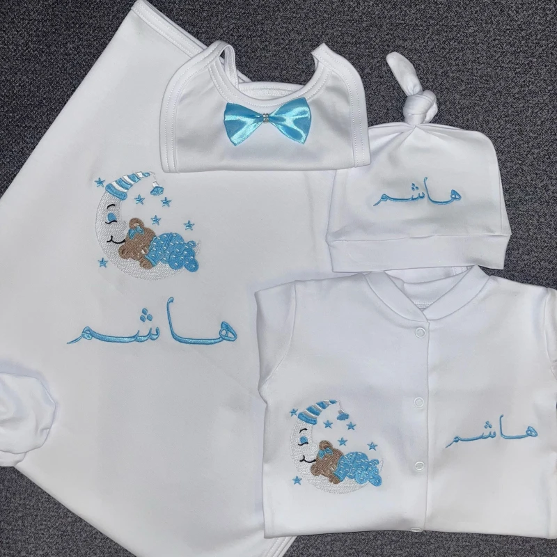 Rhinestone Customized Newborn Baby Set, with Sleepy Teddy Bear Design, 5 pcs - Rhinestone