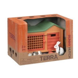 TERRA, Bunny Hutch Playset Mini Animal House with 2 Bunny Figures Carrot Bowl Opening Doors Kids 3+ Cute Collectible Farm Animal Toy Small Animal Habitat Playset