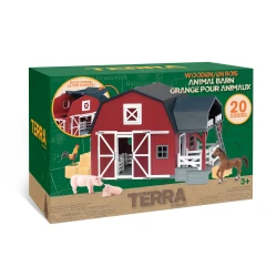 TERRA, Wooden Animal Barn Toy 20 Pieces Farm Play Set Crank Ladder Bales of Hay Interactive Educational Toy Kids 3+ Classic Durable Farmhouse Playset