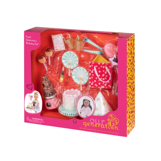 Our Generation, Sweet Celebration Birthday Party Accessory Set with 20+ Pieces for Kids Ages 3+ 46 cm Doll Cake Balloons Chocolate Fountain Our Generation, Sweet Celebration Birthday Party Accessory Set with 20+ Pieces for Kids Ages 3+ 46 cm Doll Cake Balloons Chocolate Fountain