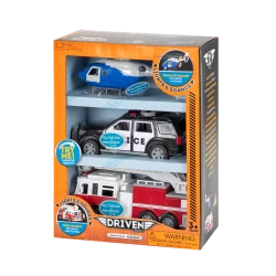 Driven, Micro Rescue Fleet Emergency Vehicle Toy Set Fire Truck Police SUV Helicopter with Lights and Sounds Kids Rescue Vehicles Playset Age 3+