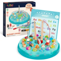 Battat Magnetic Alphabet Fishing Game 58-Piece Educational Playset for Kids Ages 2+ – 26 Wooden Fish, Alphabet Cards, 2 Magnetic Fishing Rods, Spinning Tray, Learning Letters, Colors & Motor Skills