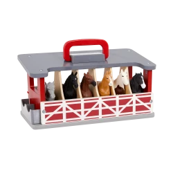 TERRA, Carry and Go Horse Stable Wooden Playset with 6 Horse Figurines Friesian Percheron Arabian Mare Spotted Saddle Akhal-Teke Shire Portable Stable Toy for Kids 3+
