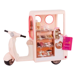 Our Generation, Chip Chip Hooray Cookie Cart Scooter Vehicle & 53-pc Play Food Accessories for Kids Ages 3+ 18" Doll Dessert Playset