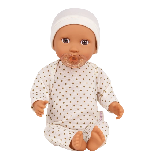LullaBaby, 14 Inch Baby Doll Ivory Polka Dot Pajama Soft Cuddly Body Brown Eyes Removable Pacifier Easy Change Outfit Gift for Kids 2 Years and Up - Lullababy - Image 8