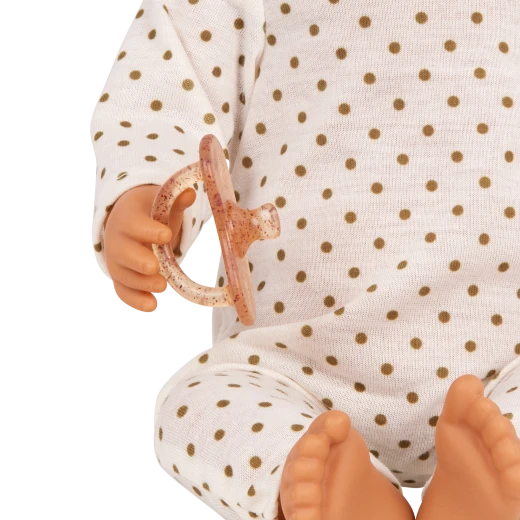 LullaBaby, 14 Inch Baby Doll Ivory Polka Dot Pajama Soft Cuddly Body Brown Eyes Removable Pacifier Easy Change Outfit Gift for Kids 2 Years and Up - Lullababy - Image 4