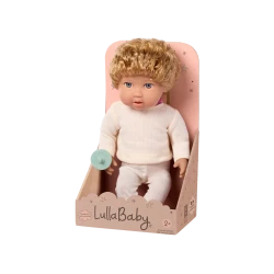 LullaBaby, 14 Inch Baby Doll with Short Blonde Hair Blue Eyes Fair Skin Tone Beige Sweater Soft Cuddly Body Green Pacifier First Baby Doll Gift for Kids 2 Years and Up