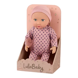 LullaBaby, 14 Inch Baby Doll Purple Hearts Pajama Gray Eyes Soft Cuddly Body Headband Pacifier First Baby Doll Gift for Kids 2 Years and Up