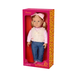 Our Generation, Emmie 18-inch Fashion Doll with Light-Blue Eyes That Open and Close, Long Light-Blonde Hair for Styling, Faux-Shearling Vest Outfit, Pink Bow Headband, Denim-Style Pants, Soft Huggable Body Doll for Kids Age 3+