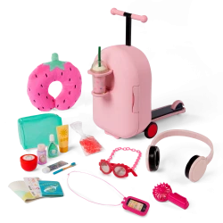 Our Generation, Packed for Adventures Doll Scooter Suitcase Travel Set for Kids Ages 3+ 18" Doll Accessories 20 Piece Luggage Pillow Headphones