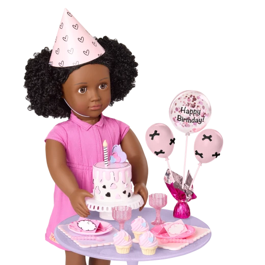 Our Generation, Party Ready 23-pc Birthday Table & Accessories for Kids Ages 3+ 18" Doll Furniture Glitter Table Cake Balloons - Our Generation - Image 3