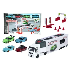 Majorette, TGX Porsche Experience Transporter Racing Playset with Folding 27cm Truck, 2 Die-Cast Cars 911 GT3 RS Taycan Turbo S, Charging Stations and Accessories