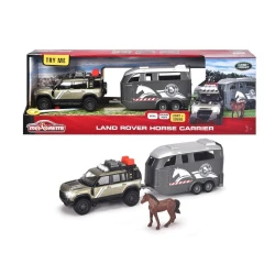Majorette, Land Rover Defender with Horse Trailer 1:43 Grand Series Light and Sound Rubber Tyres Opening Parts Toy Horse 25cm Kids 3+