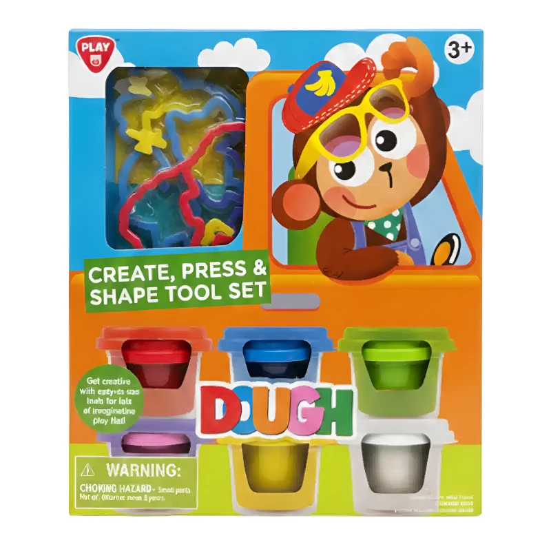 Playgo, Create Press And Shape Tool Set with 6 Clay Jars, Tools and Moulds Safe Non-Toxic Reusable Dough for Kids Ages 3+ - Playgro