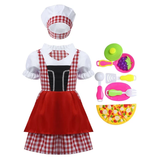 فستان تنكري للطهاة للأطفال البنات مريلة منقوشة مع قبعة لوازم الطبخ من كاي كوستيومز - K Costumes - Image 3