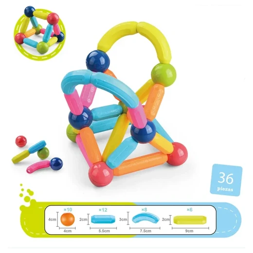 مجموعة أعواد مغناطيسية للبناء والتركيب للأطفال 36 قطعة لعبة تعليمية إبداعية لتنمية مهارات التعلم والتفكير المنطقي تعتمد على التجميع المرن والتصميم الملون وروابط مغناطيسية قوية للأطفال بعمر 3+ - كي تويز - Image 4