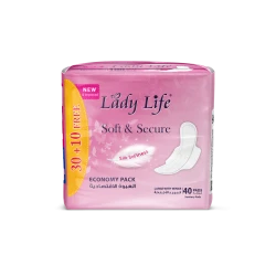 Lady Life Day Sanitary Pads, 30+10 free pads with superior absorption and extended all-day protection. Comfortable design with wings for longer-lasting secure fit.