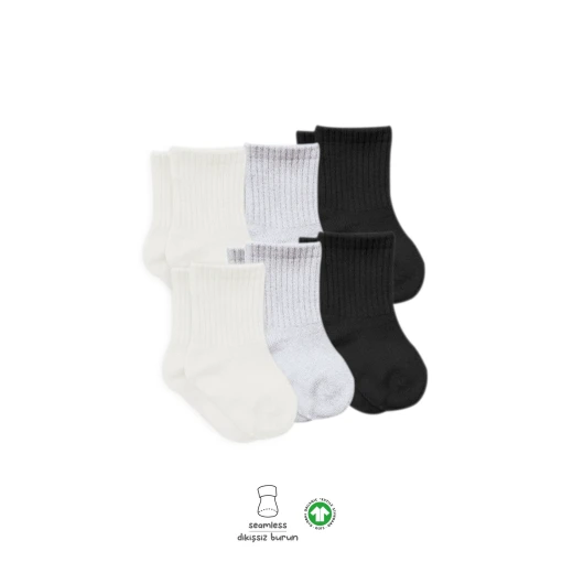 جوارب الأساسية الممشطة المسطحة، (24-36 شهر) (أسود، رمادي، بيج)  6 أزواج من بيستايل - BiOrganic - Image 4