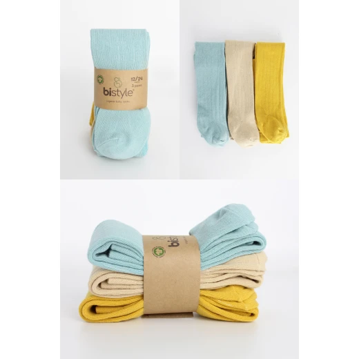 Bistyle 3-Pairs Combed Cotton Tights (24-36) (Blue, Brown, Yellow) - BiOrganic - Image 2