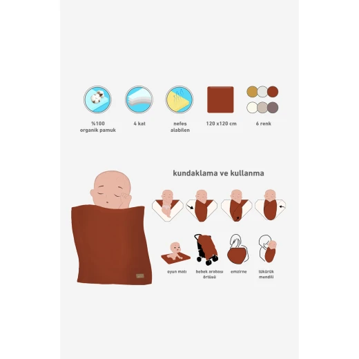 بطانية موسلين عضوية من بيستايل مكونة من 4 طبقات (120×120 سم) باللون البرتقالي - BiOrganic - Image 7