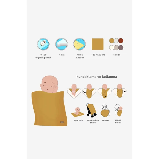 بطانية موسلين عضوية من بيستايل مكونة من 4 طبقات (120×120 سم) باللون الأصفر - BiOrganic - Image 7