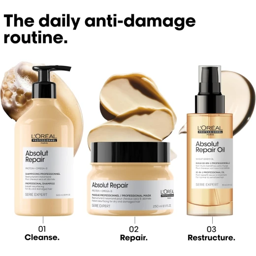 L'Oréal Professionnel Paris Absolut Repair Mask - Nourishing Protein Treatment For Dry & Damaged Hair, Hydrates, Repairs Damage & Adds Hair Shine, Color Safe - Loreal professionnel - Image 5
