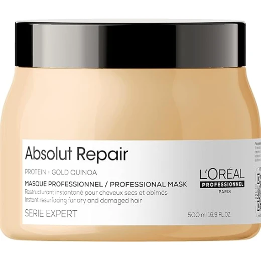 ماسك لوريال بروفيسيونال Absolut Repair سعة 500 مل، علاج مكثف لإصلاح الشعر التالف والجاف، يعيد بناء ألياف الشعر، يقلل التقصف، يمنح ترطيباً عميقاً ولمعاناً ونعومة، مناسب للشعر المعالج كيميائياً والمتضرر من الحرارة والصبغات ماسك لوريال بروفيسيونال Absolut Repair سعة 500 مل، علاج مكثف لإصلاح الشعر التالف والجاف، يعيد بناء ألياف الشعر، يقلل التقصف، يمنح ترطيباً عميقاً ولمعاناً ونعومة، مناسب للشعر المعالج كيميائياً والمتضرر من الحرارة والصبغات