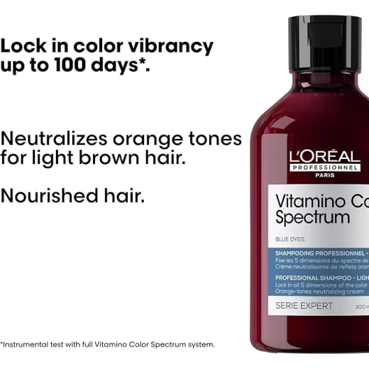 L'Oréal Professionnel Paris Vitamino Color Spectrum Blue Shampoo - Neutralizes Orange Tones, Enhances Shine & Vibrancy, Maintains Day 1 Color Vibrancy, Hydrates & Strengthens Light Brown Hair 300ml - Loreal professionnel - Image 4