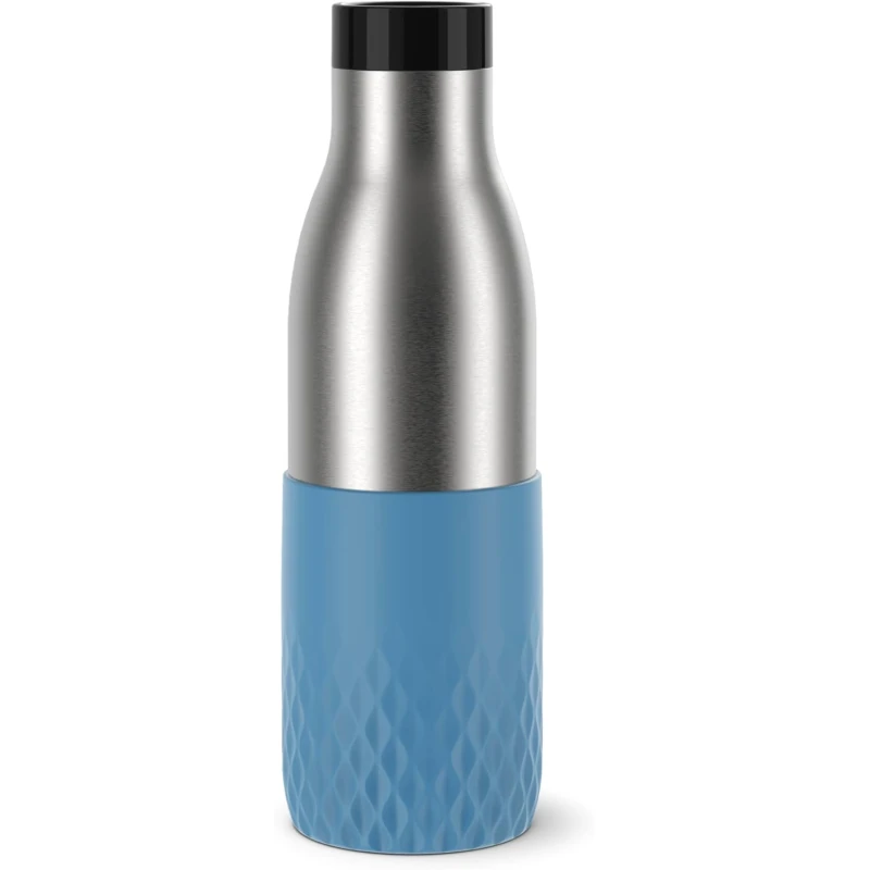 TEFAL Bludrop Bottle, 0.5 Litre, Blue Sleeve, Thermal, Stainless Steel, Silicone Sleeve, Leak Proof, Sustainable - Tefal