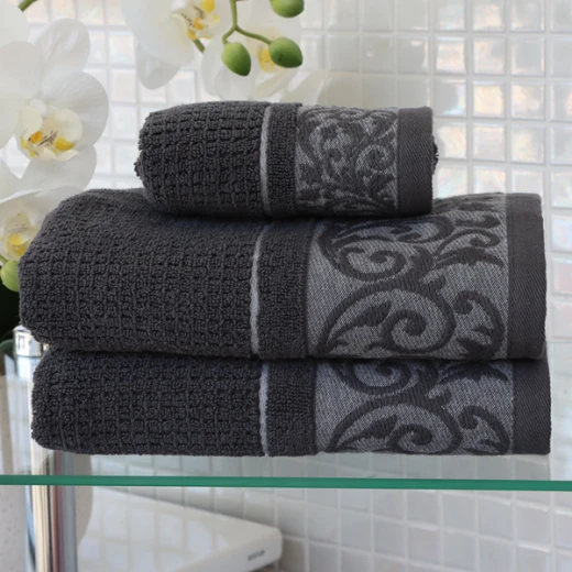 Nova Home Veria Embroidered Towel - 100% Cotton - 50x90 Cm - Dark Grey