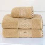 Nova Home Auric Jacquard Embroidered Towel - 100% Cotton - 50x90 Cm - Mustard - Nova Home