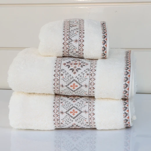 Nova Home Auric Jacquard Embroidered Towel - 100% Cotton - 50x90 Cm - Cream Nova Home Auric Jacquard Embroidered Towel - 100% Cotton - 50x90 Cm - Cream