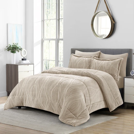 طقم لحاف من الفلانيل الجاكار الشتوي من Nova Home Rhodes - مقاس كينج/سوبر كينج - 6 قطع - بيج - نوفا هوم - Image 3