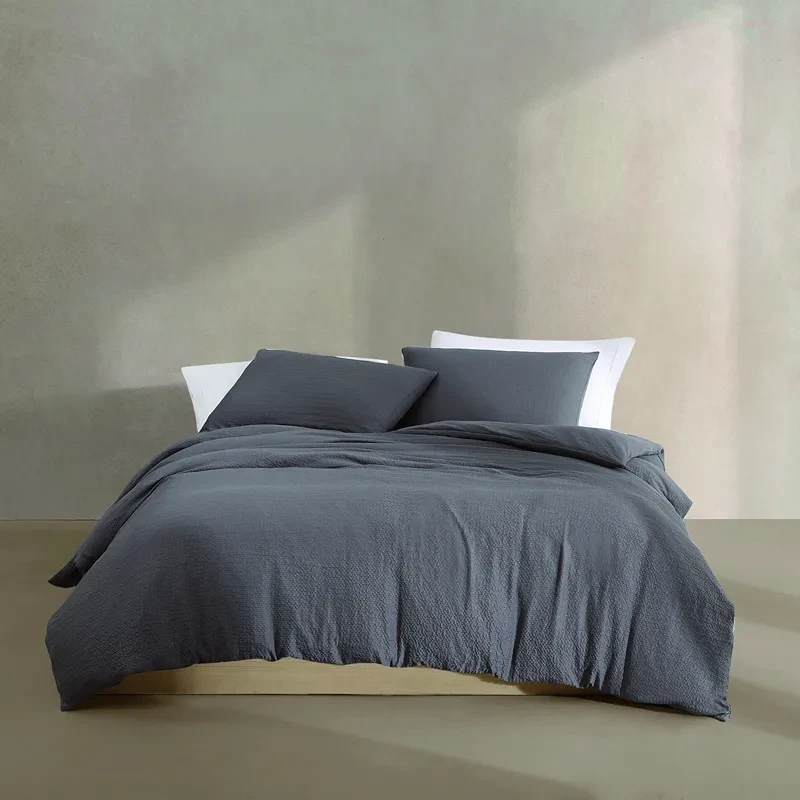 Nova Home Calven Seersucker Summer Duvet Cover Set - Queen - 3 Pcs - D.Grey - Nova Home