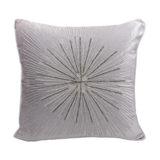 Nova Home Burst Handmade Embroidered Velvet Cushion Cover with Bead – Silver – 50x50 cm